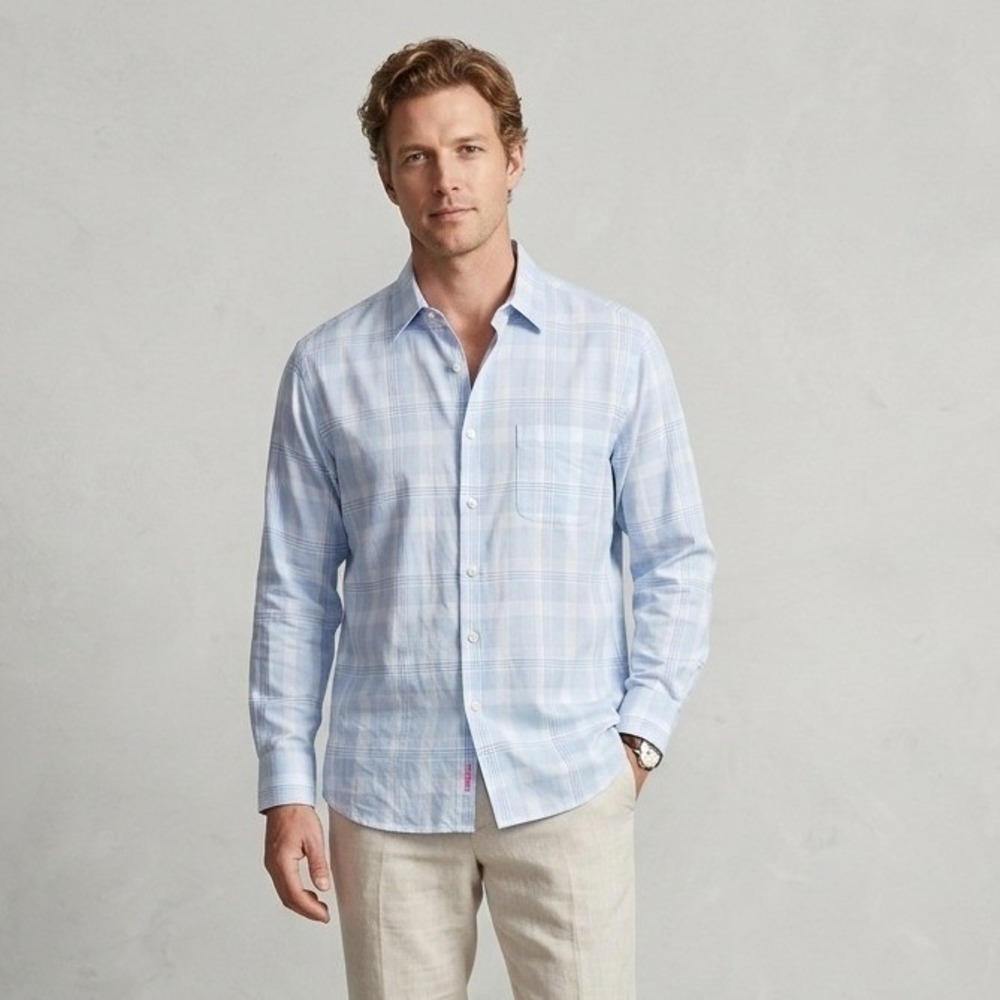 Tommy Bahama Shirt Mens 17½ 32-33 Light Blue‎ Plaid Button Up Long Sleeve Pocket
